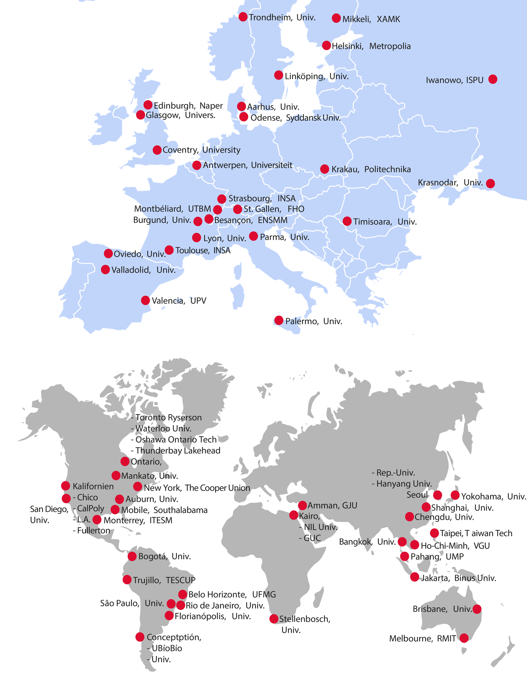 maps of Europe and of the world, with red dots marking partner universities