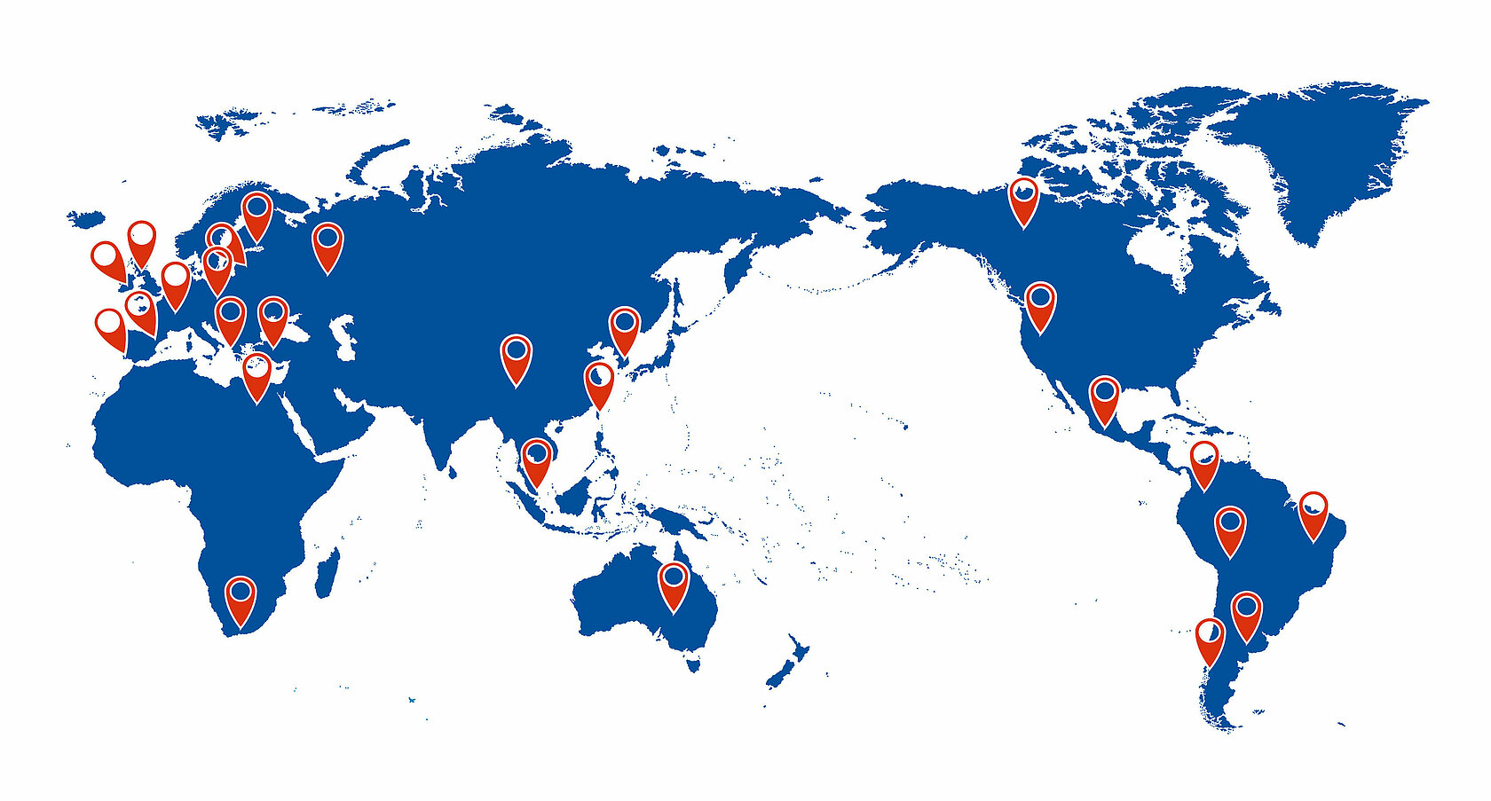Weltkarte mit Markierungen der Standorte von Partnerhochschulen