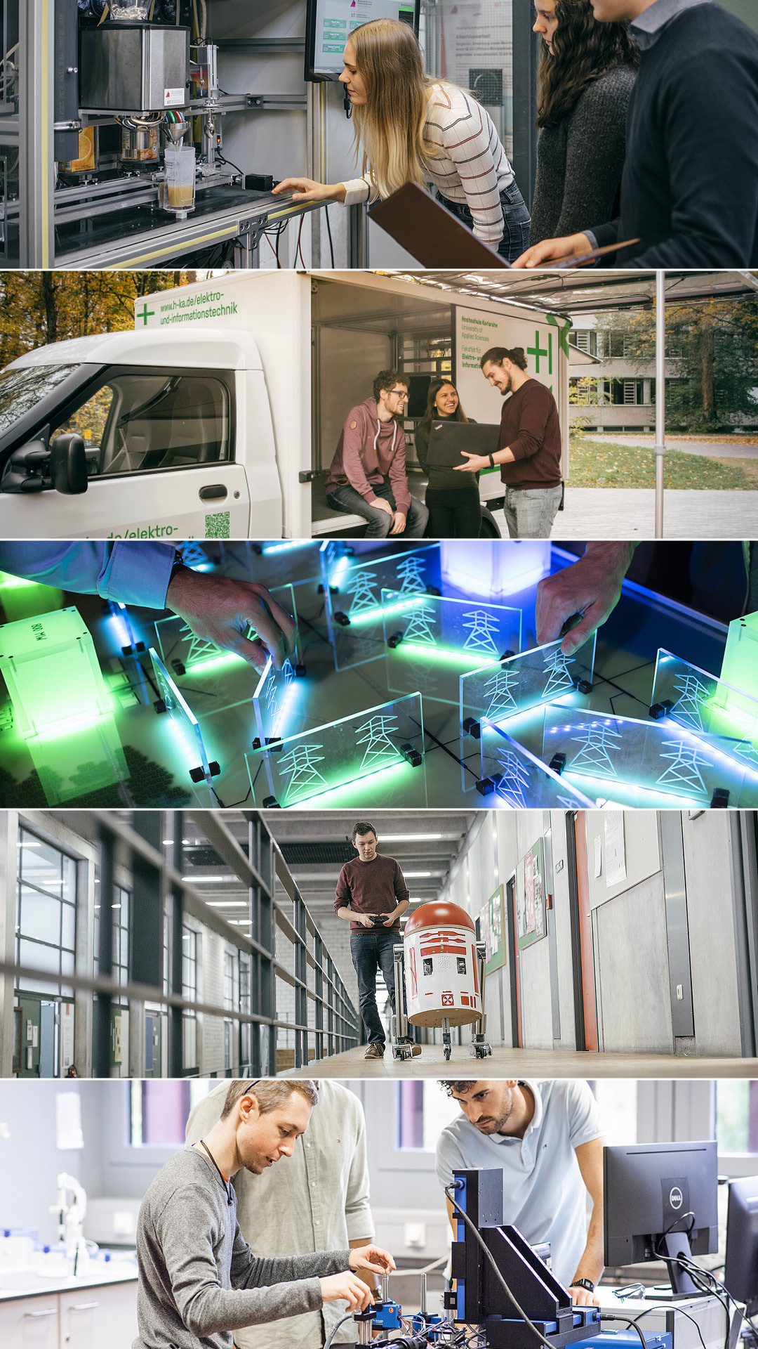 five pictures representing the 5 specializations, with students with cocktail maker, solar truck, high-voltage line designer, robot, and at lab 