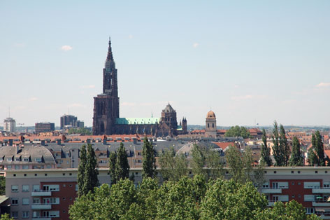 view across Strasbourg towards cathedral
