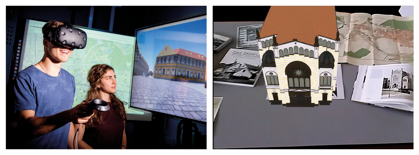 left: students working with VR goggles; right: 3D illustration of building