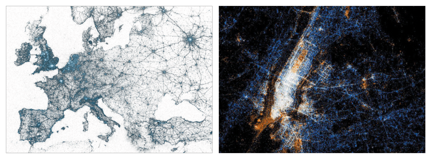 left: map of Europe; right: citylights at night seen from space