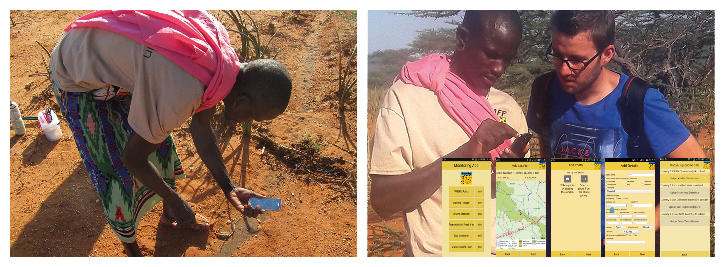 left: farmer using smartphone in field; right: screenshot from that project with farmer and student overlaid by diagrams