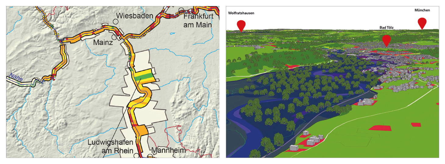 left: schematic map of regional cities; right: schematic of river flooding