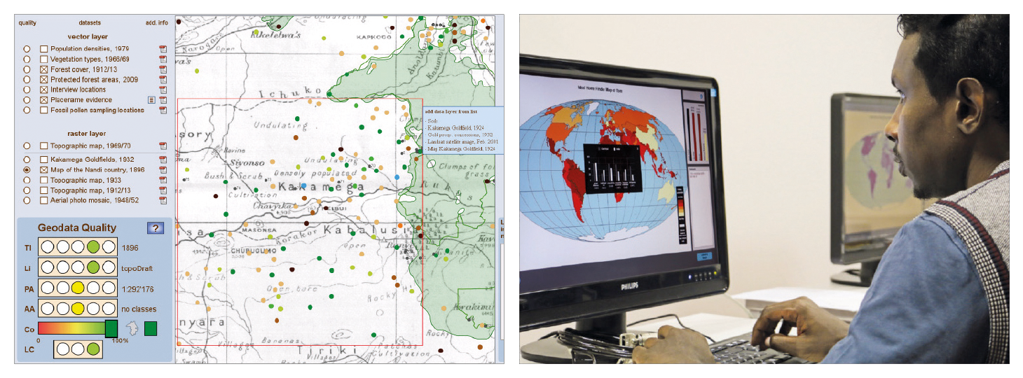 left: map from BIOTA-02 project; right: student sitting before screen with map