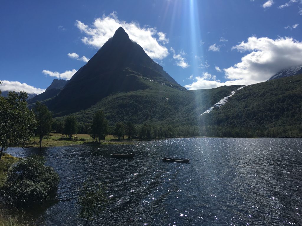 Schwedischr Fjord mit Berg und Sonne