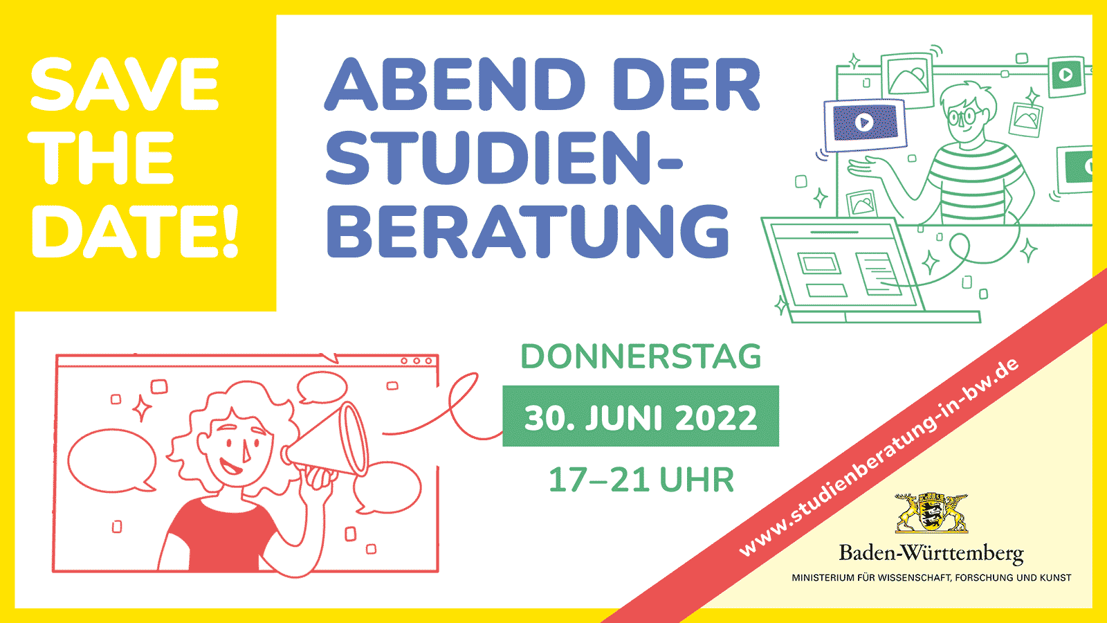 Infoflyer des Abends der Studienberatung am 30.6.2022 17-21 Uhr www.studienberatung-in-bw.de