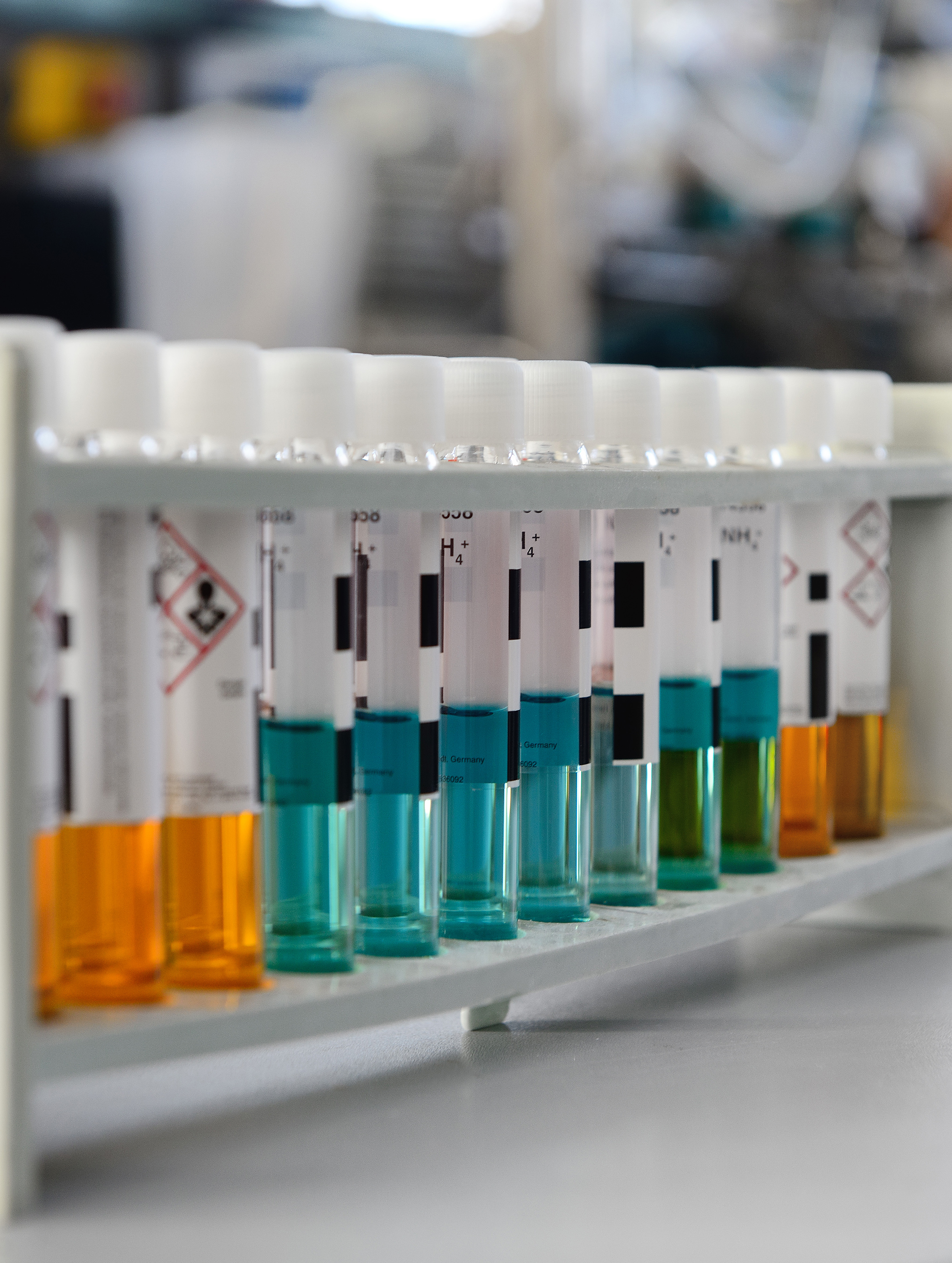 Close-up view of test tubes filled with different liquids
