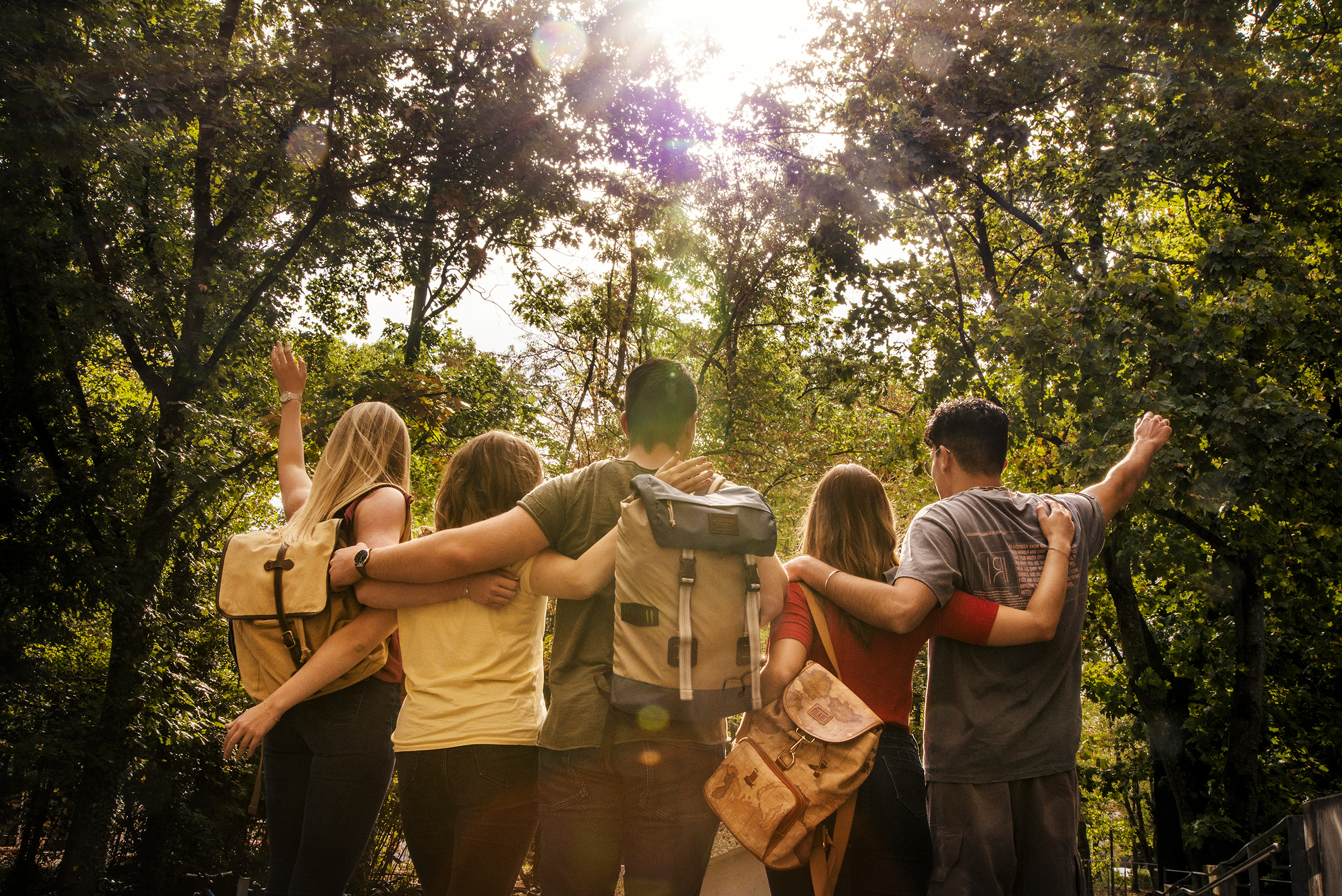 Group of young people hiking in wooded area