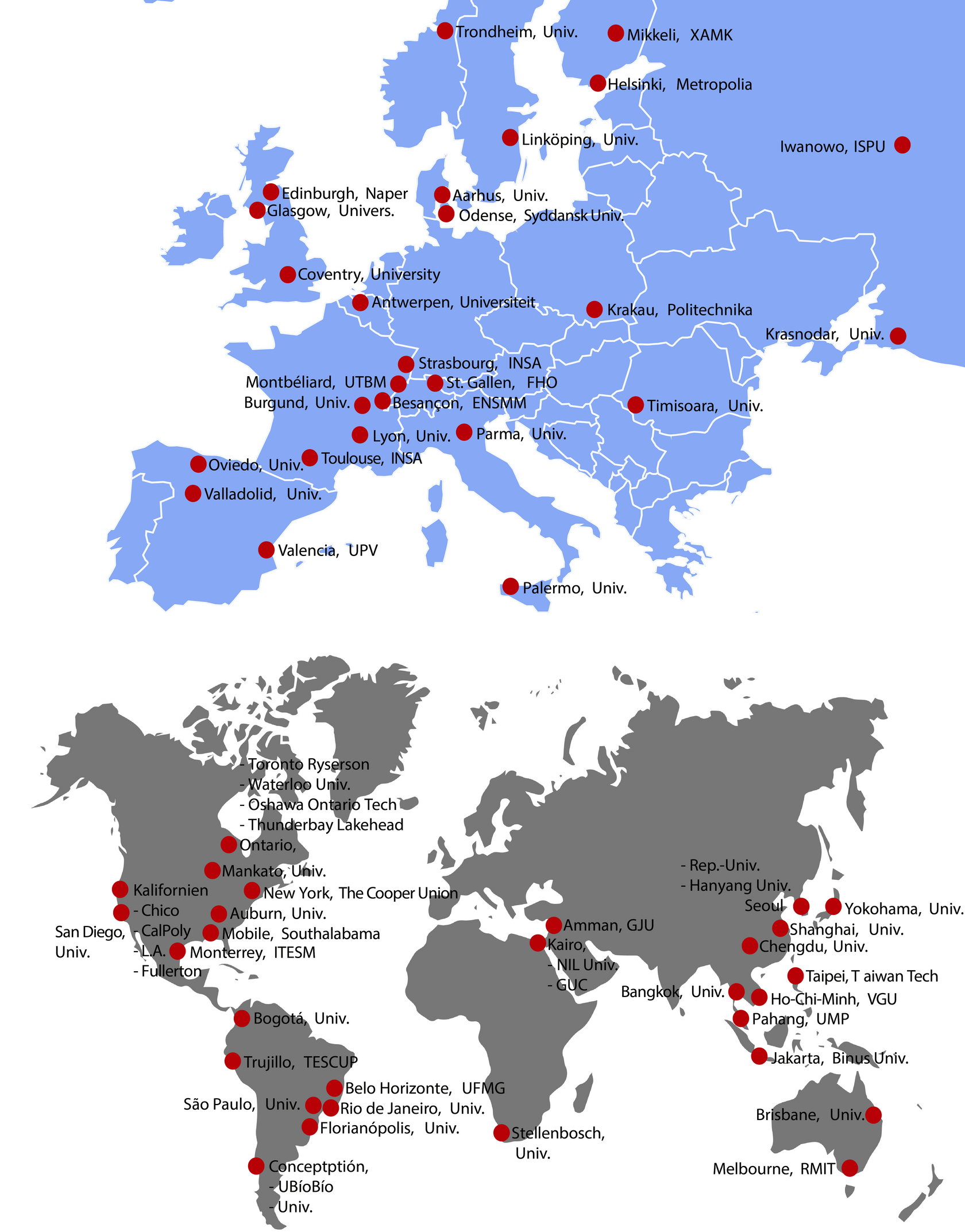 maps of Europe and of the world, with red dots marking partner universities