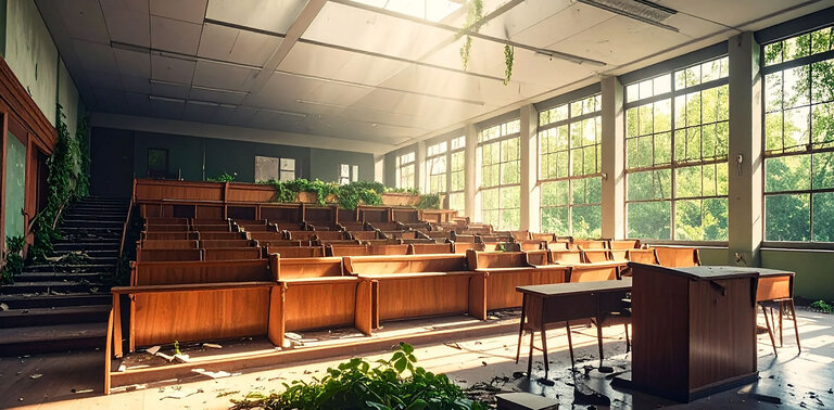 Ein überwucherter Hörsaal ohne Studierende.