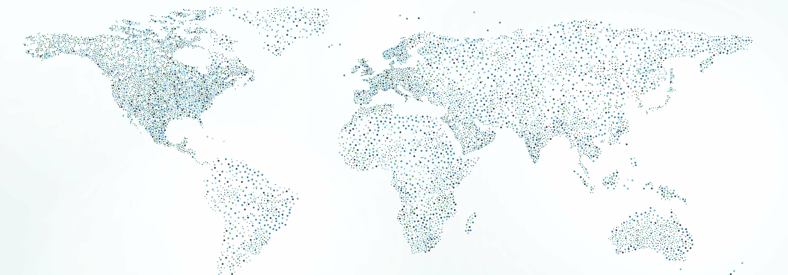 Stilisierte Weltkarte in Blau- und Grüntönen.