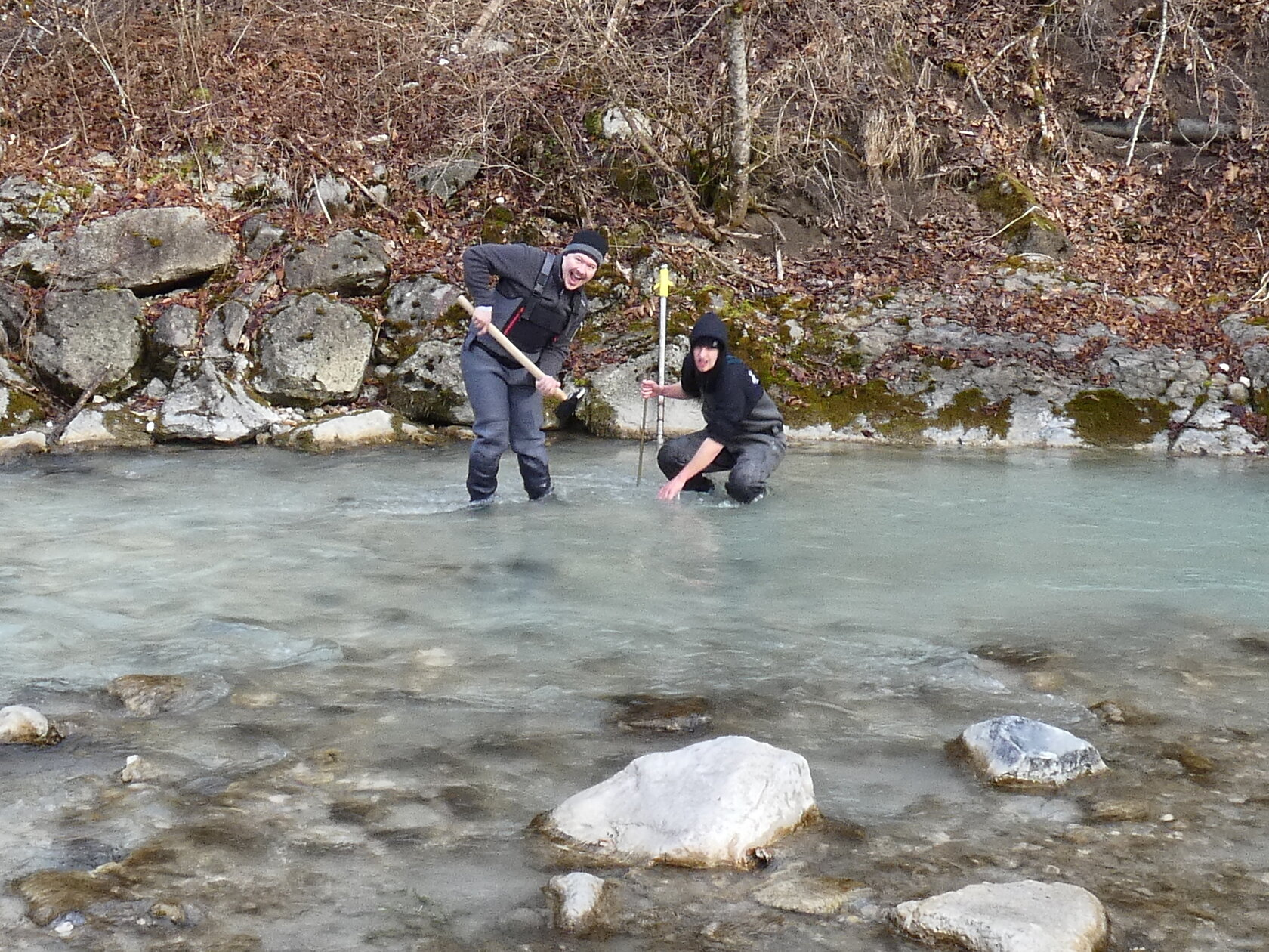 Project team taking measurements in the river