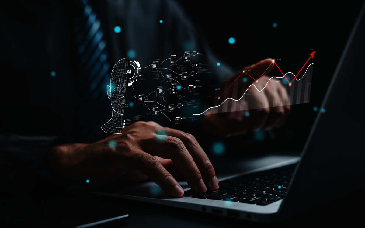 Mann am Laptop mit AI- und Grafiksymbolen
