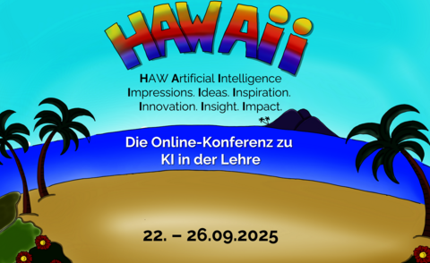 Illustration mit Strand, Palmen und Meer zur Ankündigung der Online-Konferenz HAWAII