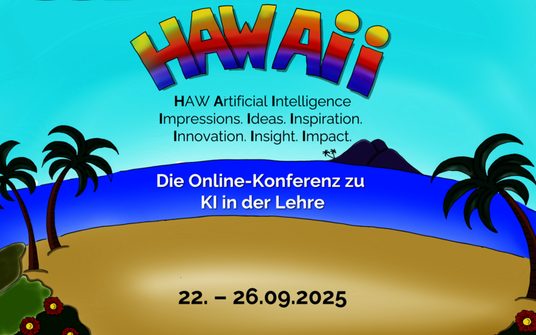 Illustration mit Strand, Palmen und Meer zur Ankündigung der Online-Konferenz HAWAII