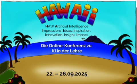 Illustration mit Strand, Palmen und Meer zur Ankündigung der Online-Konferenz HAWAII