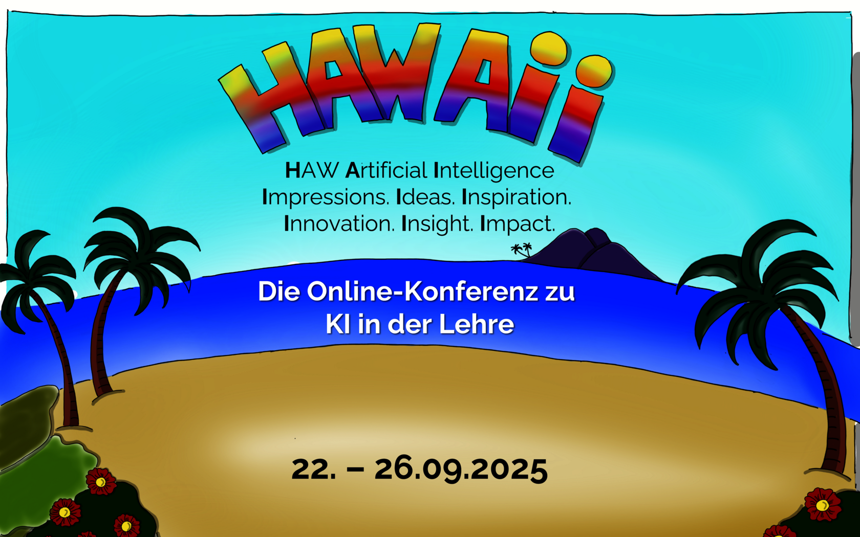 Illustration mit Strand, Palmen und Meer zur Ankündigung der Online-Konferenz HAWAII
