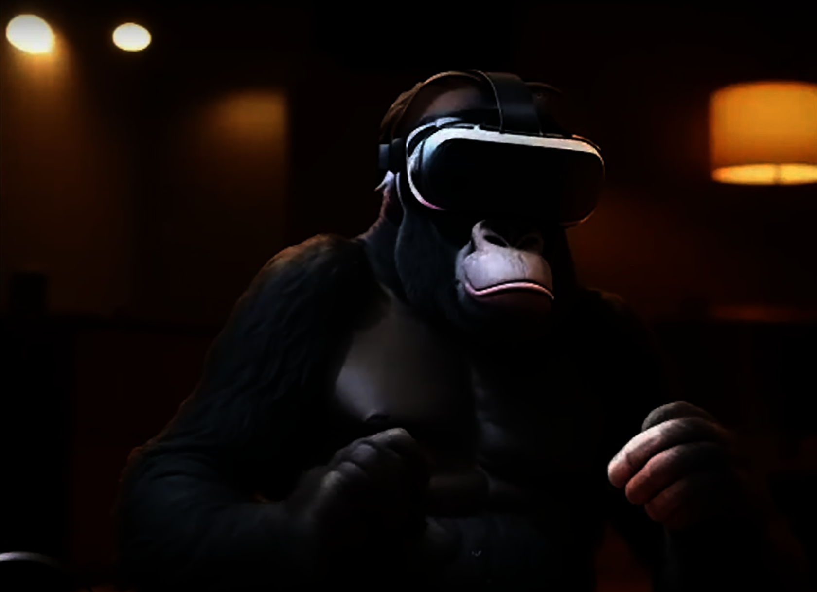 Ein Gorilla trägt eine VR Brille, Bild generiert durch KI