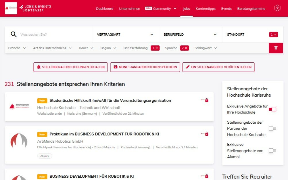 Screenshot der Weboberfläche für die Jobsuche bei 'Jobs & Events'