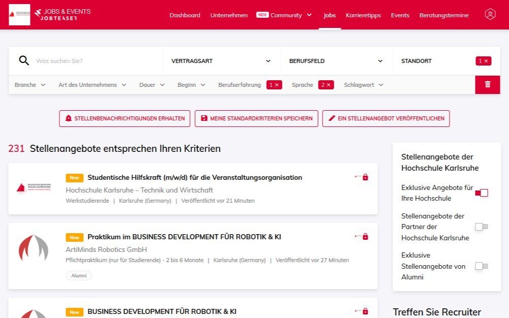 Screenshot der Weboberfläche für die Jobsuche bei 'Jobs & Events'