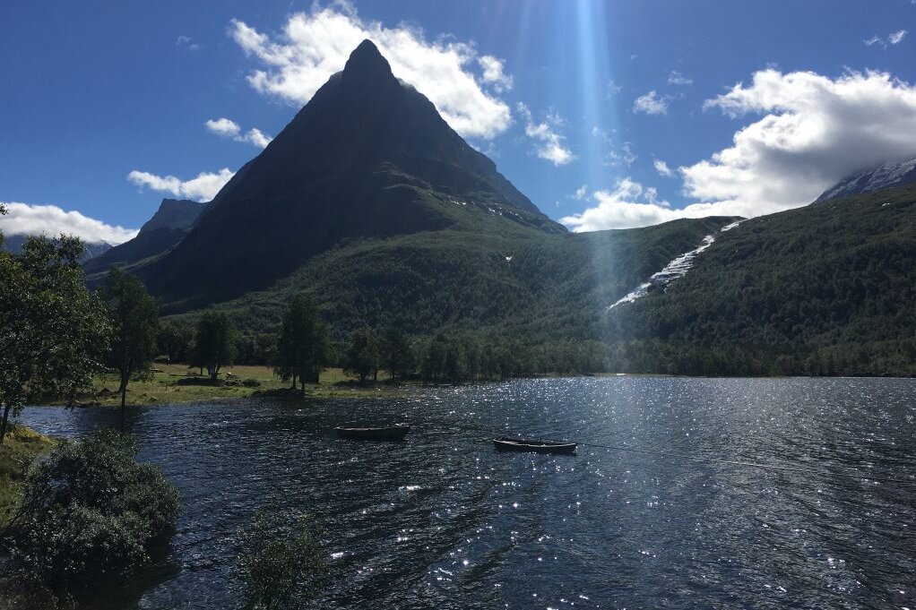Schwedischr Fjord mit Berg und Sonne