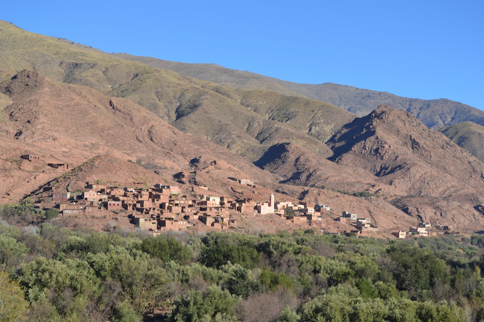 Landscape in Morocco with mountains, woods and a village