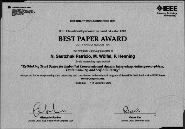 Bild des Best Paper Awards mit den Namen aller Autoren, dem Titel des Papers , den Metadaten und den Signaturen der General Chairs des IEEE Smart World Congress und der Smart Edu.
