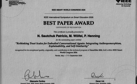 Bild des Best Paper Awards mit den Namen aller Autoren, dem Titel des Papers , den Metadaten und den Signaturen der General Chairs des IEEE Smart World Congress und der Smart Edu.
