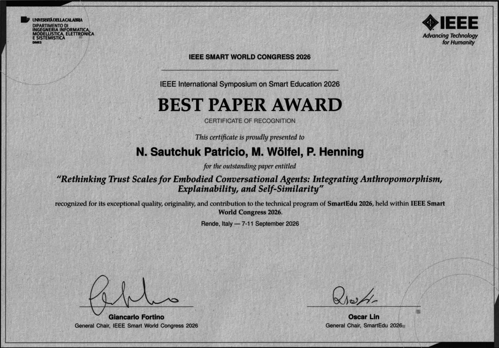 Image of the Best Paper Award showing the names of all authors, the title of the paper, the metadata, and the signatures of the General Chairs of the IEEE Smart World Congress and Smart Edu.