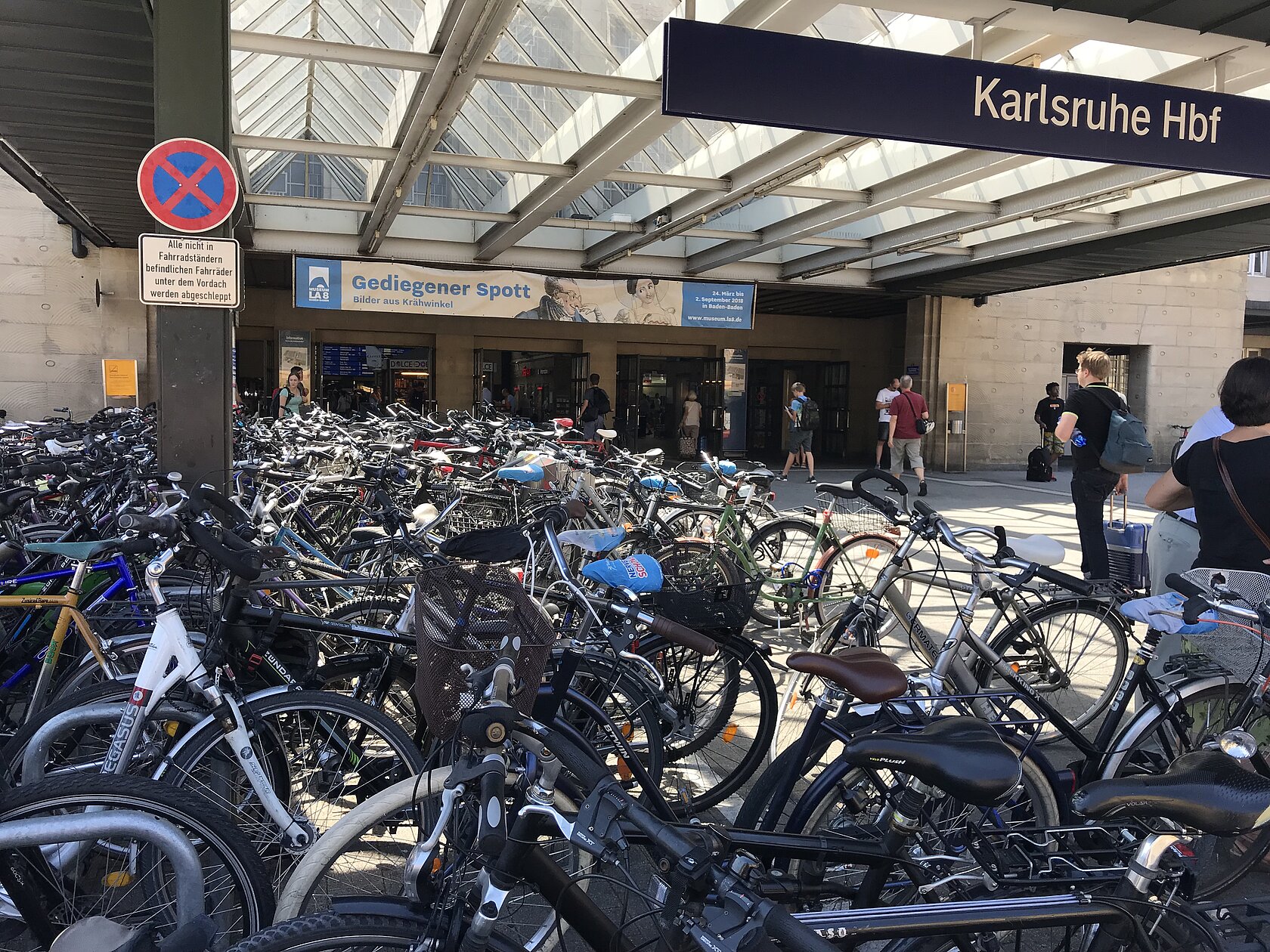 Pile of bikes parked in front of the Karlsruhe Main Station