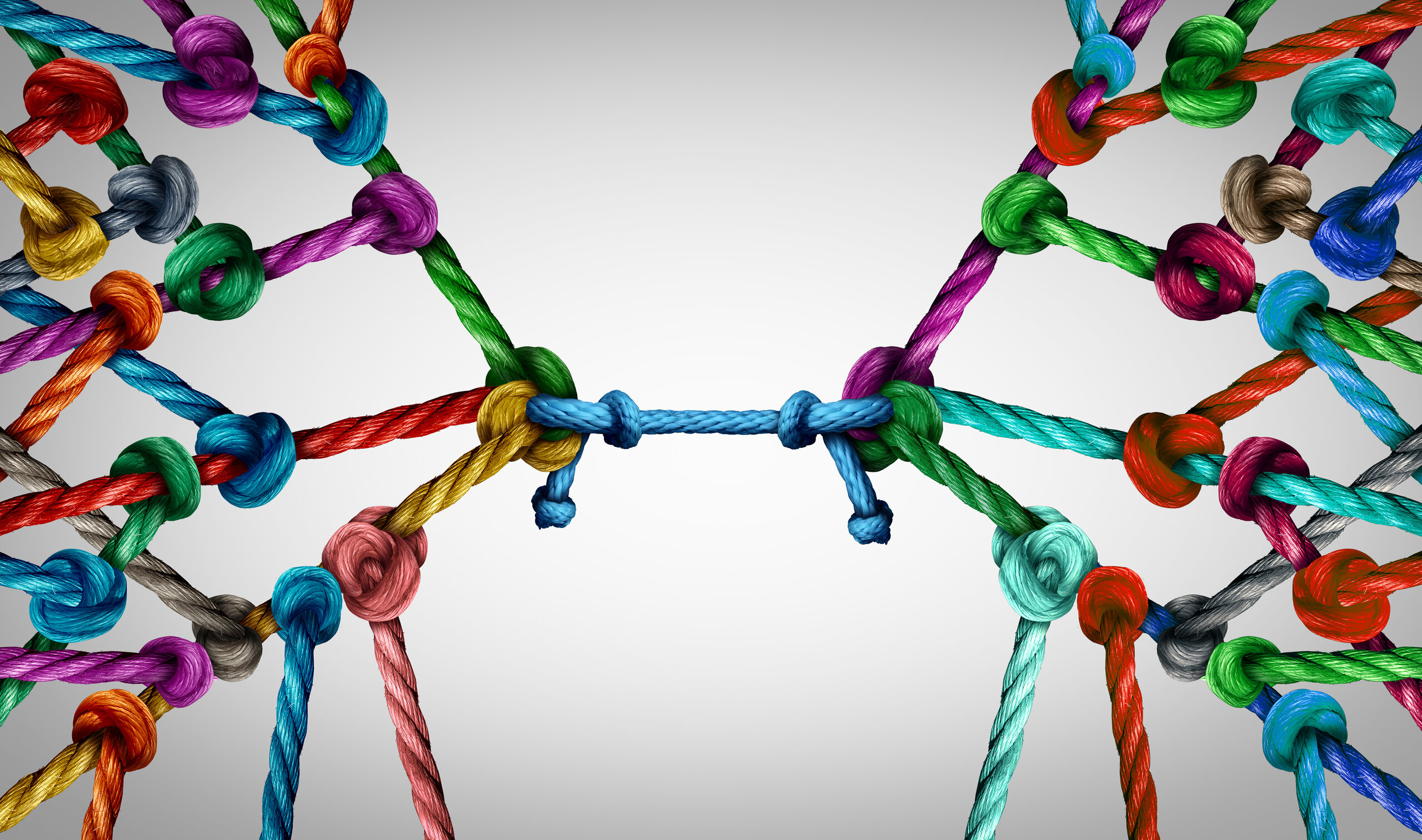 Connecting teams and connected group concept as many different ropes tied and linked together as an unbreakable chain as business trust metaphor linking partners for teamwork support and strength. miteinander verbundene verschiedenfarbige Stricke als Metapher für Mediation