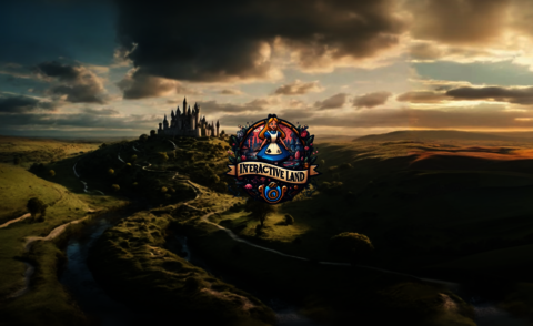 Im Hintergrund des Bildes ist eine Hügellandschaft und ein Märchenschloss zu sehen, im Vordergrund das Logo des Spiels Alice in Interactiveland