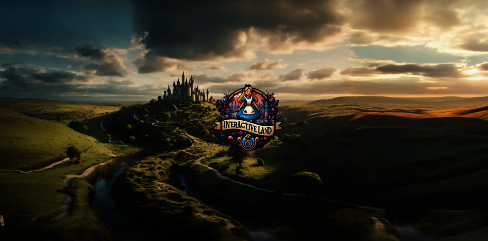 Im Hintergrund des Bildes ist eine Hügellandschaft und ein Märchenschloss zu sehen, im Vordergrund das Logo des Spiels Alice in Interactiveland