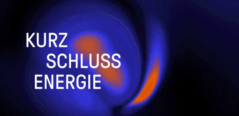 Eine orange-magenta-blaue Fläche wabert auf dunklem Untergrund, dazu der Text KURZ SCHLUSS ENERGIE
