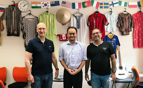 Prof. Ziegler, Prof. Kawaguchi (International Office, UoA) and Prof. Roy (Technical Communication, UoA) in the International Student Room 