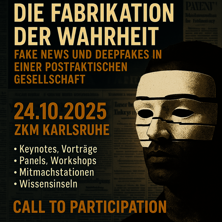 Grafik im Stil eines Veranstaltungsplakats. Links sind die Veranstaltungsinfos in Gro&szlig;buchstaben zu lesen: &bdquo;Die Fabrikation der Wahrheit &ndash; Fake News und Deepfakes in einer postfaktischen Gesellschaft. 24.10.2025, ZKM Karlsruhe&ldquo;. Darunter die Programmpunkte: &bdquo;Keynotes, Vortr&auml;ge, Panels, Workshops, Mitmachstationen, Wissensinseln&ldquo;. Am unteren Rand steht: &bdquo;Call to Participation&ldquo;. Rechts im Bild ist ein Portr&auml;t eines Menschen mit stilisierter, mehrteiliger Gesichtsmaske zu sehen, im Hintergrund unscharfe Zeitungsartikel. Die Gestaltung ist in dunklen Blau- und Beiget&ouml;nen gehalten.