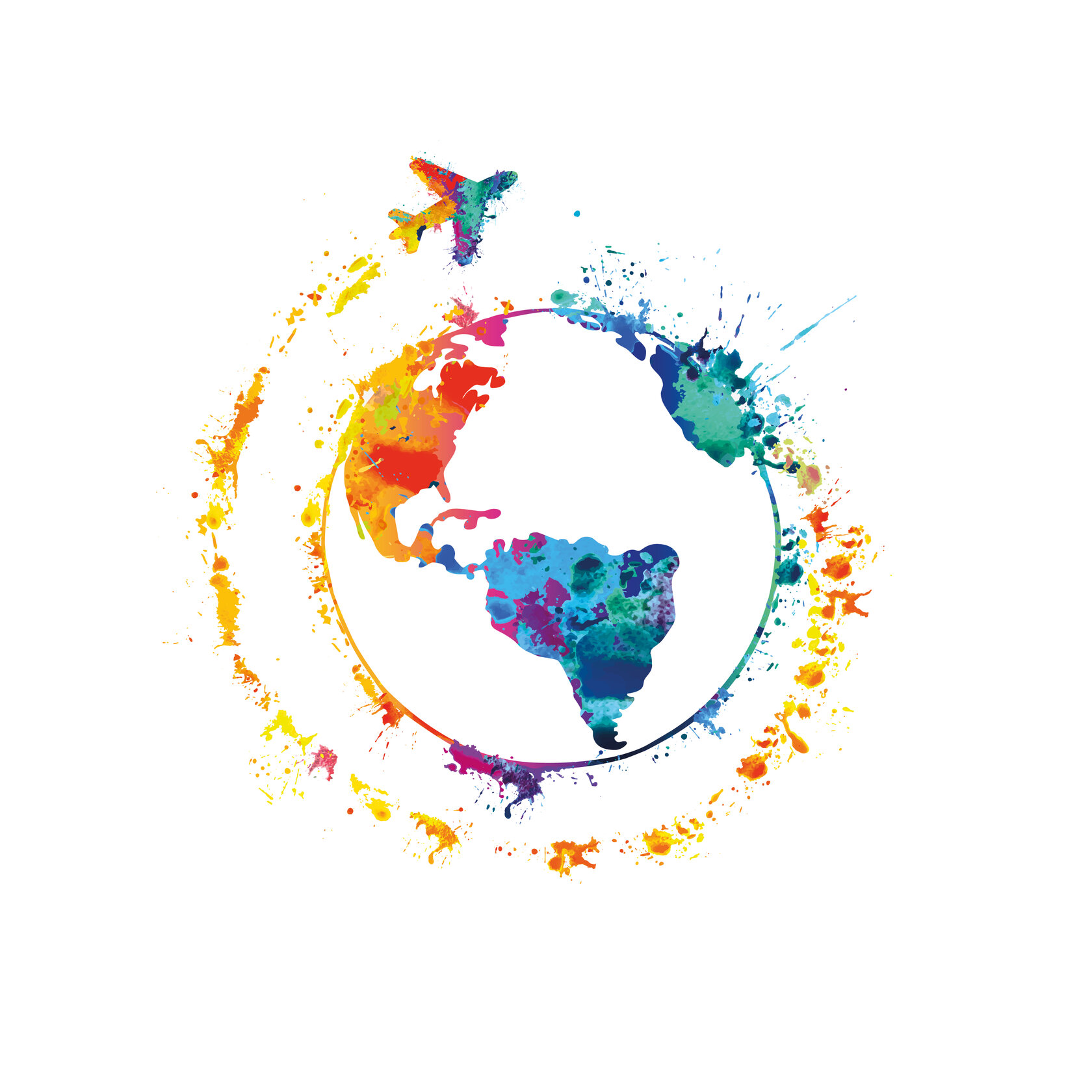 colourful sketch of the globe, with a plane flying around it colourful sketch of the globe, with a plane flying around it