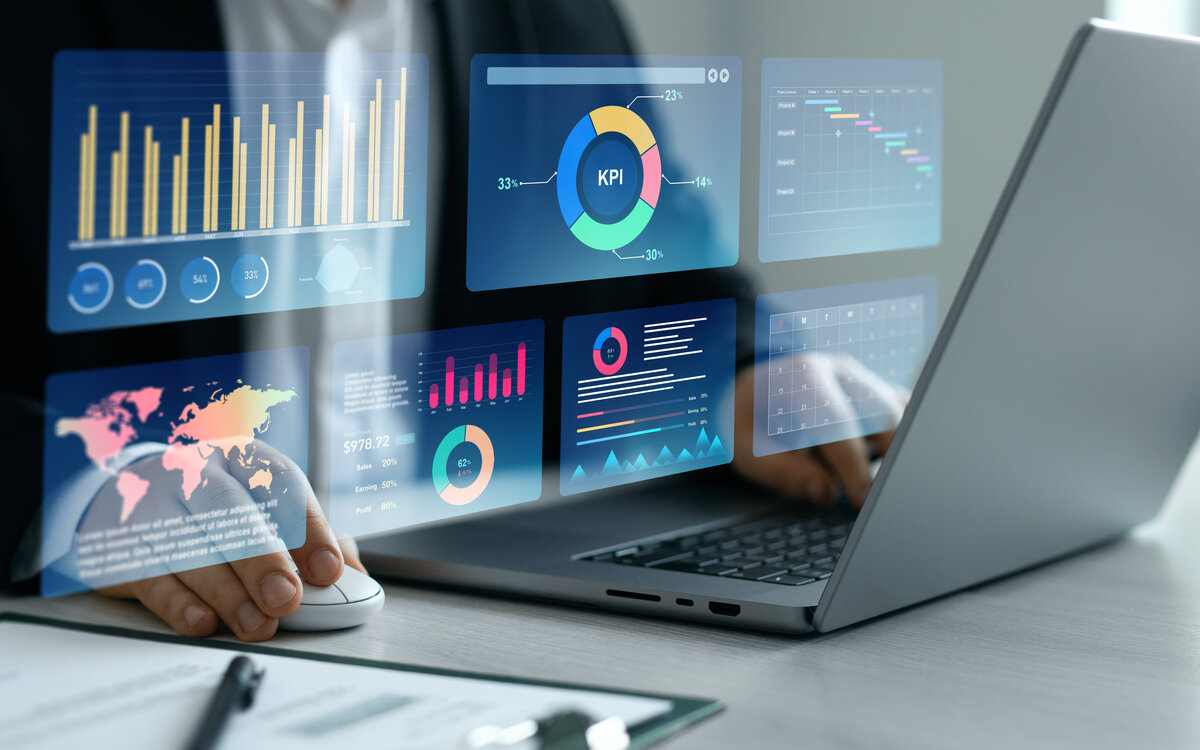 inancial business data analytics graph dashboard. Management data System KPI connected in database for follow earnings,operations and sales data.