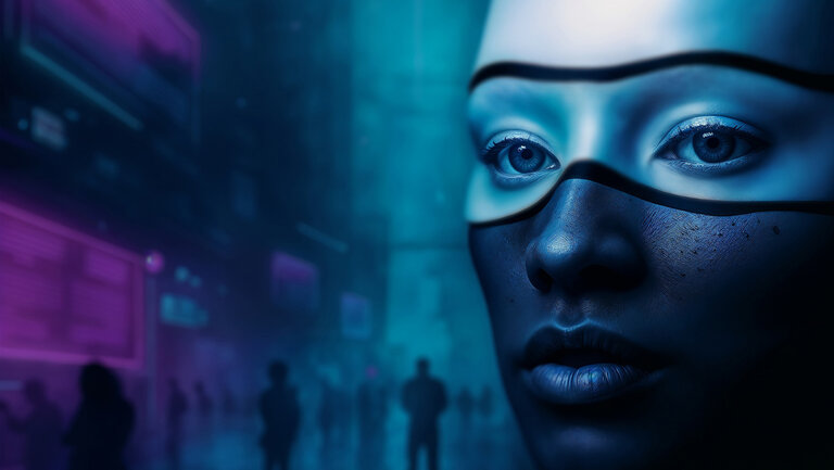 Ein KI generiertes Bild eines Gesichts vor einem technologischen Hintergrund