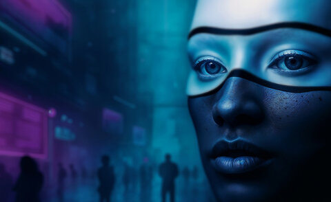 Ein KI generiertes Bild eines Gesichts vor einem technologischen Hintergrund