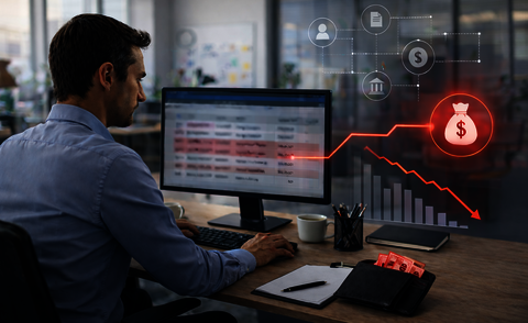 SeLLMA Project: " Secure ERP-systems through LLM-based Fraud Detection", User at a computer in front of a monitor, Copyright: Image generated by AI