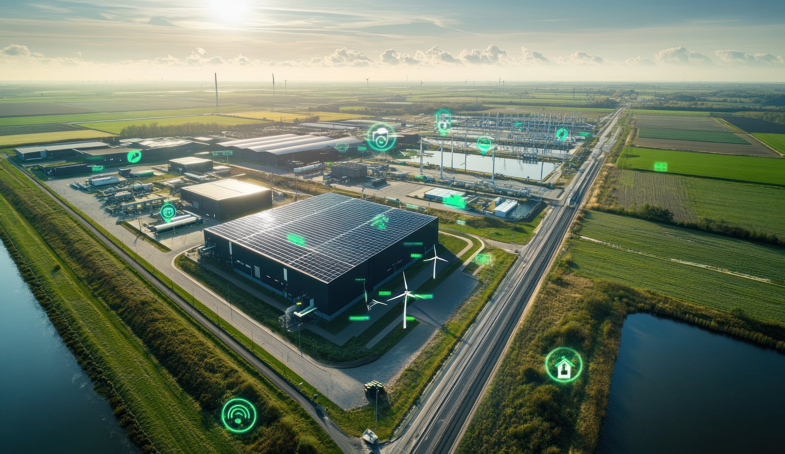 Aerial view of solar-paneled industrial buildings with futuristic icons.