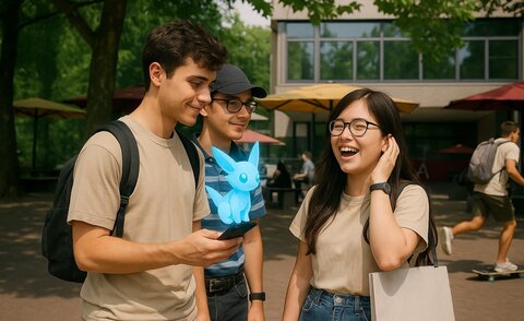 Drei junge Studierende stehen im Freien auf dem HKA-Campus und unterhalten sich lachend. Einer von ihnen hält ein Smartphone in der Hand, aus dem ein leuchtend blauer, cartoonhafter, virtueller Begleiter im Stil eines Fuchses zu erscheinen scheint. Die Szene vermittelt eine freundliche, entspannte Atmosphäre. Im Hintergrund sind weitere Studierende, Sonnenschirme und das Hochschulgebäude A zu sehen.