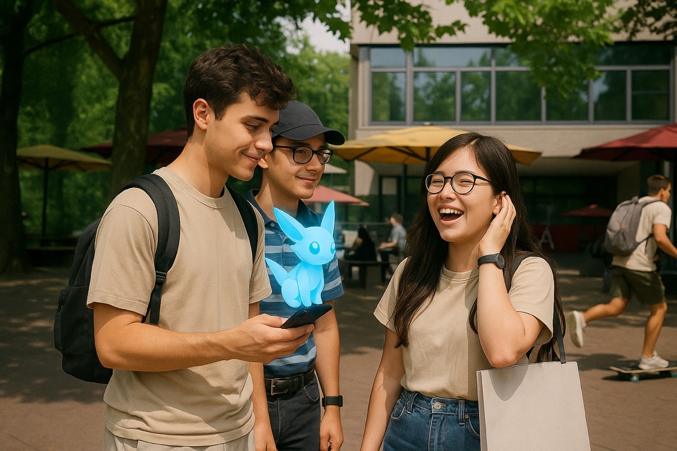 Drei junge Studierende stehen im Freien auf dem HKA-Campus und unterhalten sich lachend. Einer von ihnen hält ein Smartphone in der Hand, aus dem ein leuchtend blauer, cartoonhafter, virtueller Begleiter im Stil eines Fuchses zu erscheinen scheint. Die Szene vermittelt eine freundliche, entspannte Atmosphäre. Im Hintergrund sind weitere Studierende, Sonnenschirme und das Hochschulgebäude A zu sehen.