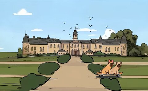 Gezeichnete Szene des Karlsruher Schlosses, umgeben von Rasenfl&auml;chen und B&uuml;schen. Im Vordergrund sitzen zwei Mopse &ndash; Karlina mit rosa Schleife &ndash; gemeinsam auf einem Skateboard auf einem Weg. &Uuml;ber dem Schloss fliegen V&ouml;gel, der Himmel ist blau mit vereinzelten Wolken.