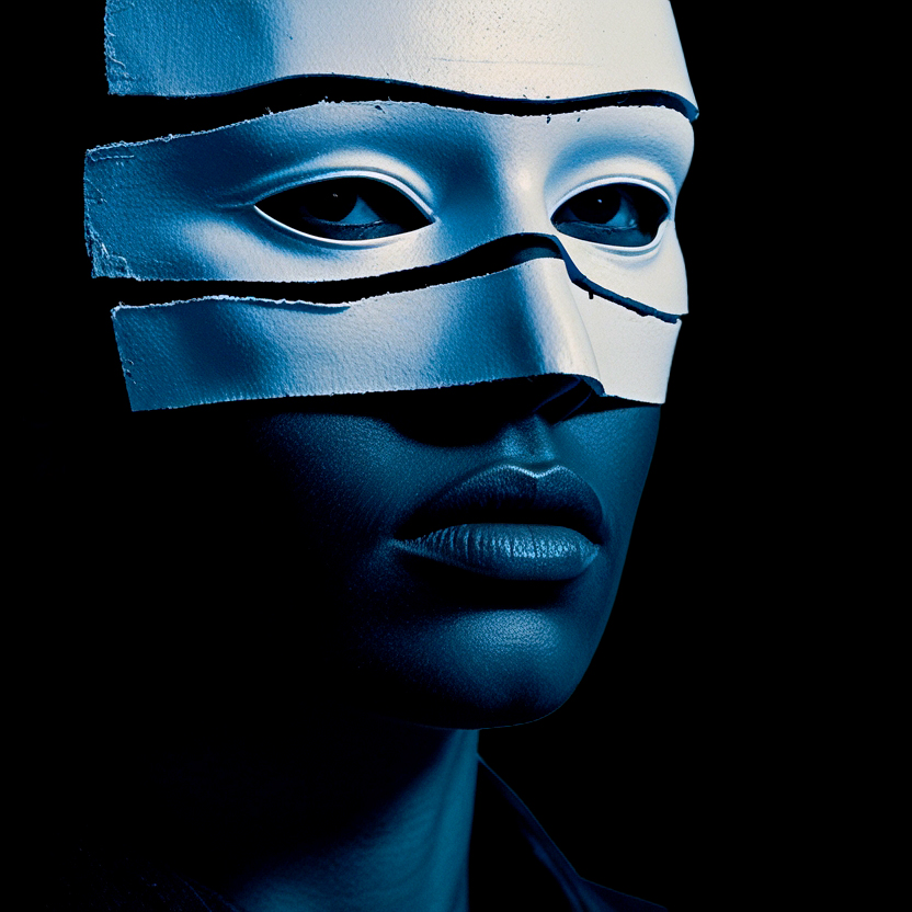 ChatGPT:  Das Bild zeigt ein Portr&auml;t einer Person vor schwarzem Hintergrund. Die Person tr&auml;gt eine wei&szlig;e Maske, die zerrissen wirkt und aus mehreren horizontal versetzten Streifen besteht. Sie bedeckt vor allem den Augen- und oberen Gesichtsbereich. Die Augen sind durch schmale &Ouml;ffnungen sichtbar und blicken geradeaus. Der Gesichtsausdruck wirkt neutral, fast ernst, und die Konturen der Lippen und Gesichtsz&uuml;ge sind klar erkennbar.