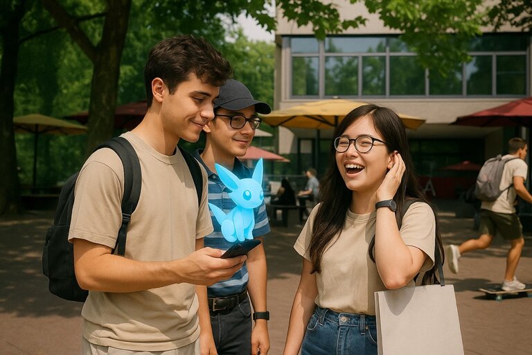 Drei junge Studierende stehen im Freien auf dem HKA-Campus und unterhalten sich lachend. Einer von ihnen h&auml;lt ein Smartphone in der Hand, aus dem ein leuchtend blauer, cartoonhafter, virtueller Begleiter im Stil eines Fuchses zu erscheinen scheint. Die Szene vermittelt eine freundliche, entspannte Atmosph&auml;re. Im Hintergrund sind weitere Studierende, Sonnenschirme und das Hochschulgeb&auml;ude A zu sehen.
